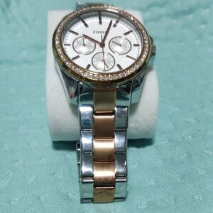 Fossil Two-Tone Silver and Rose Gold Crystal Accent Women's Bracelet Watch